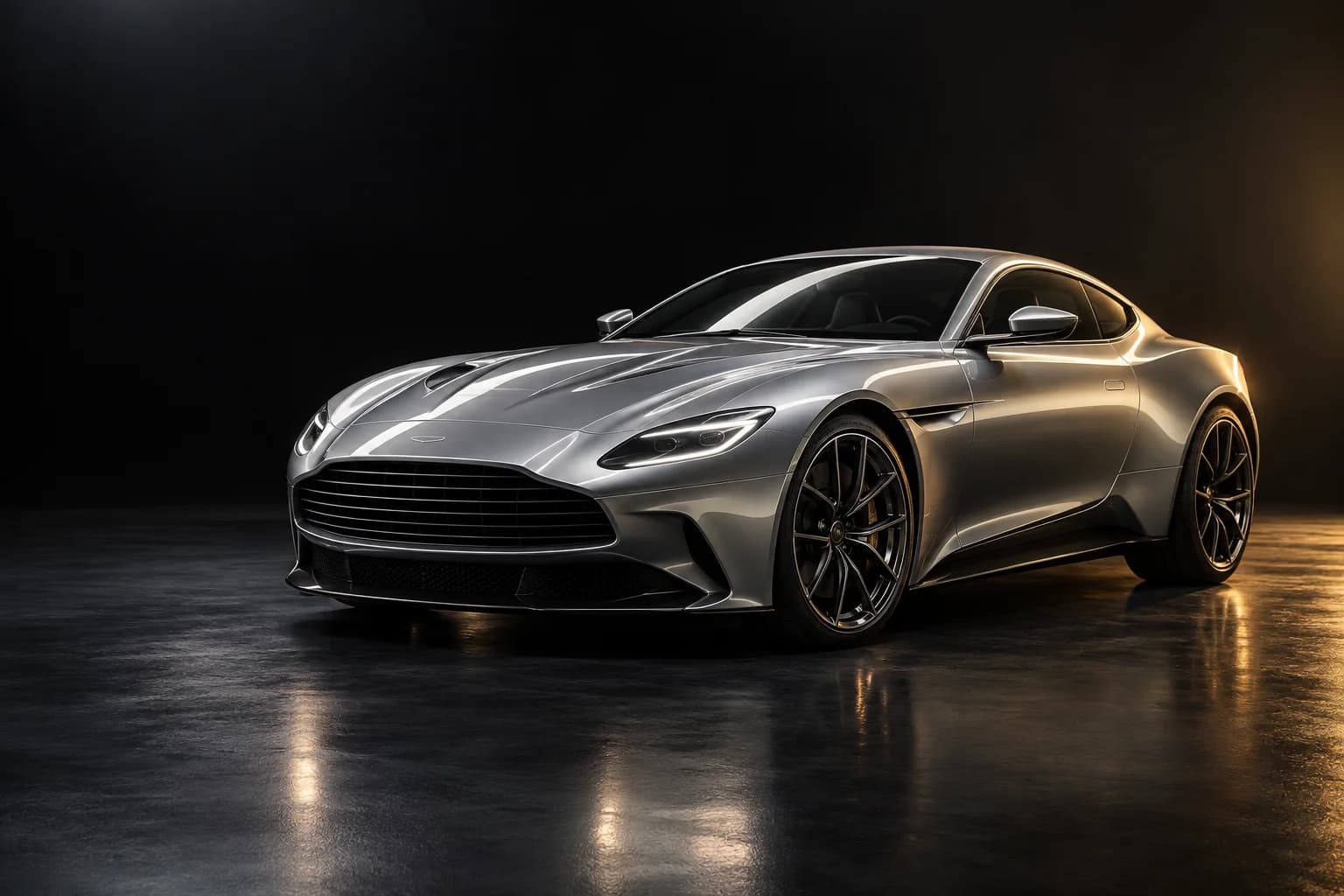 Studio concept of an unbranded silver sports coupe.