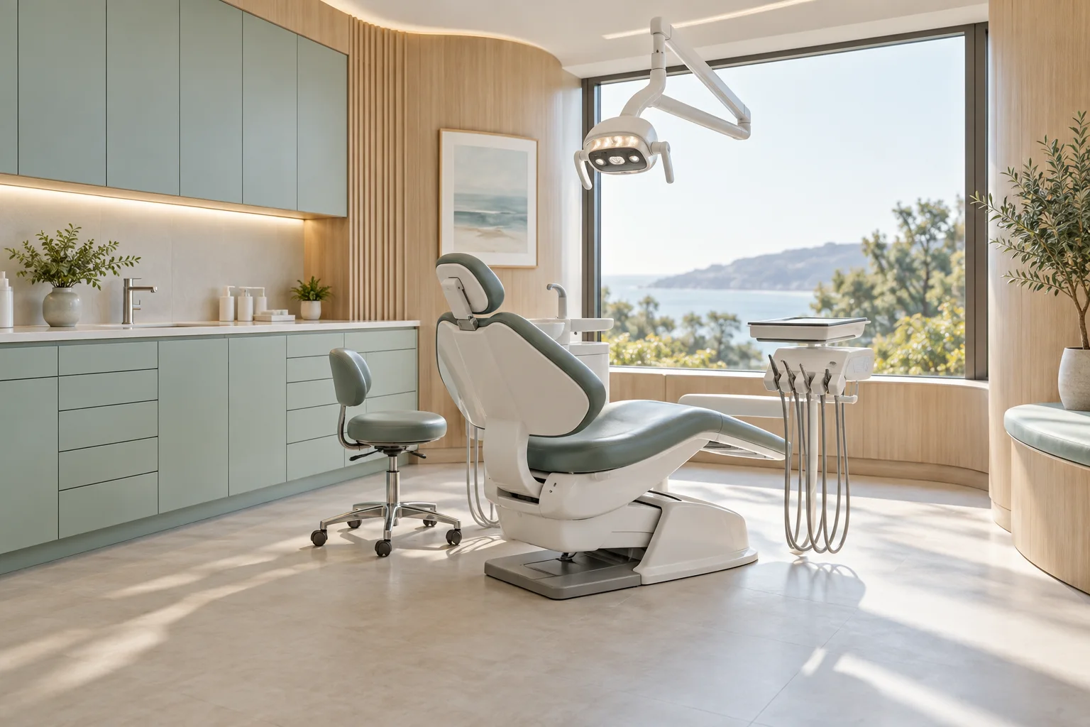 Dental room with a sage chair, warm wood and natural light.