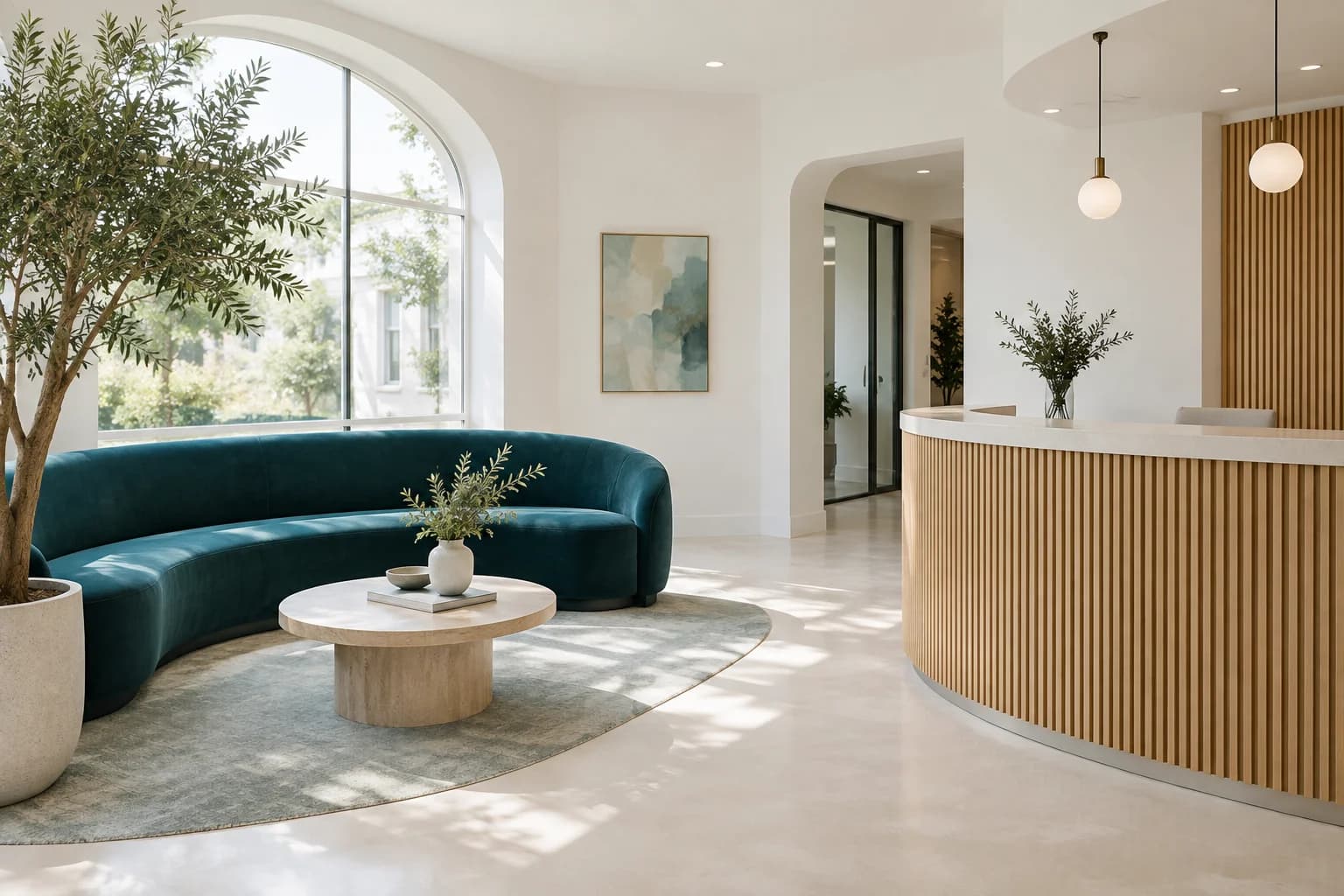 Clearwell reception concept with a teal sofa and light oak desk.