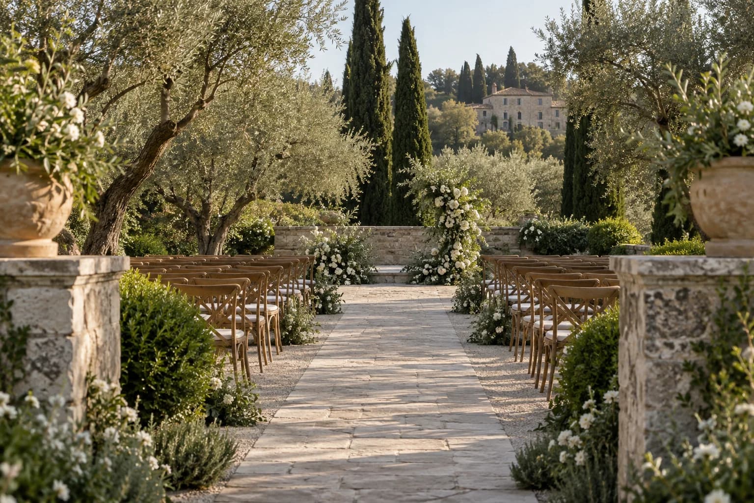 Garden ceremony setting with olive trees, white flowers and wooden chairs