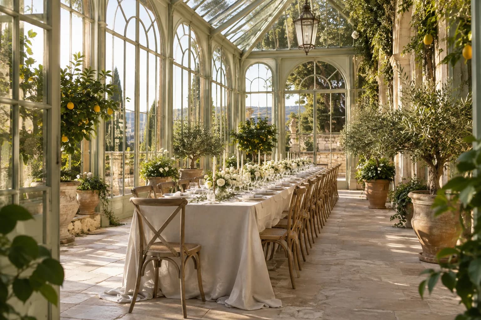 Glasshouse with sage-colored ironwork, citrus trees and a long linen-covered dinner table