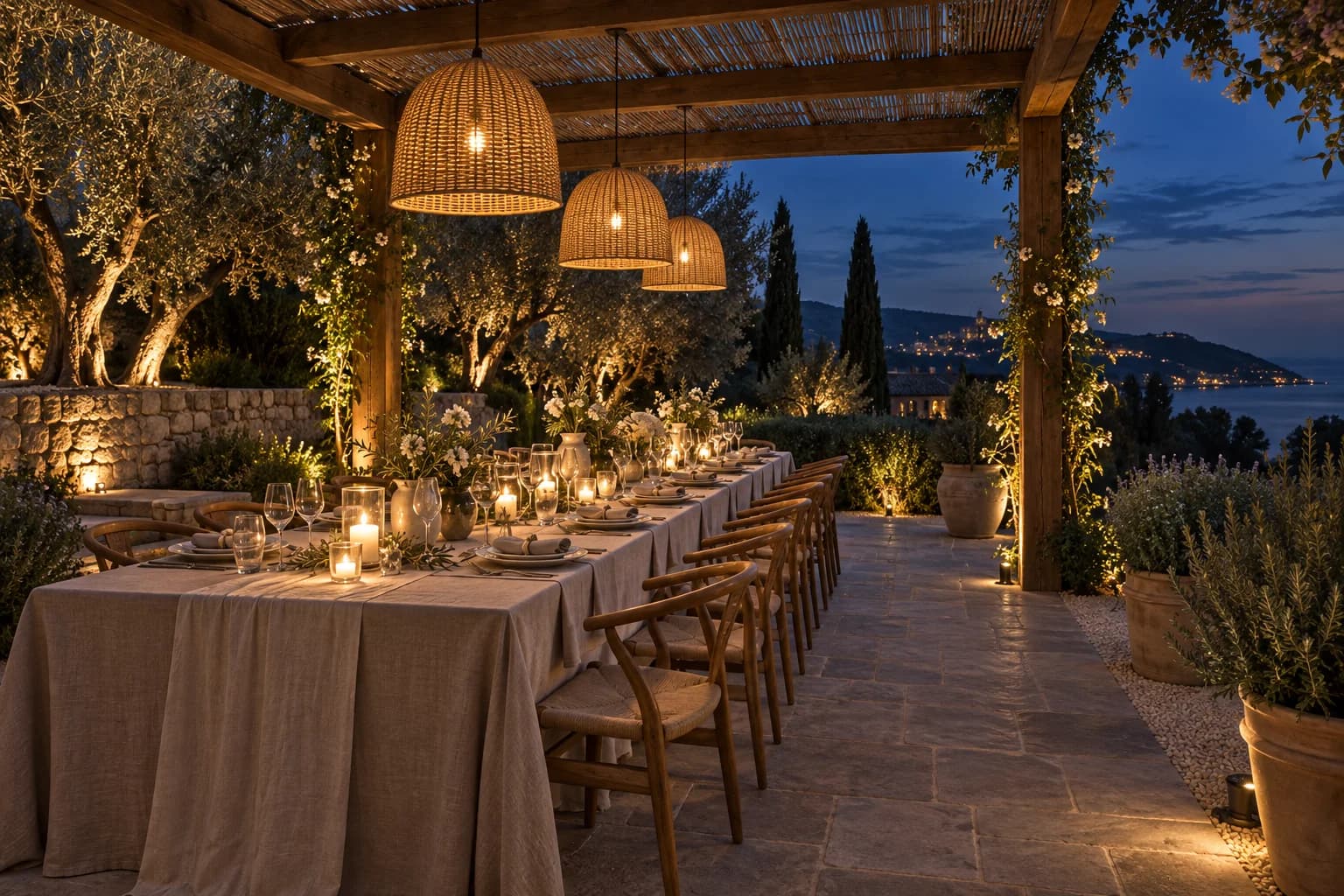 Terrace at dusk with lanterns, candlelit tables and a distant coastal view