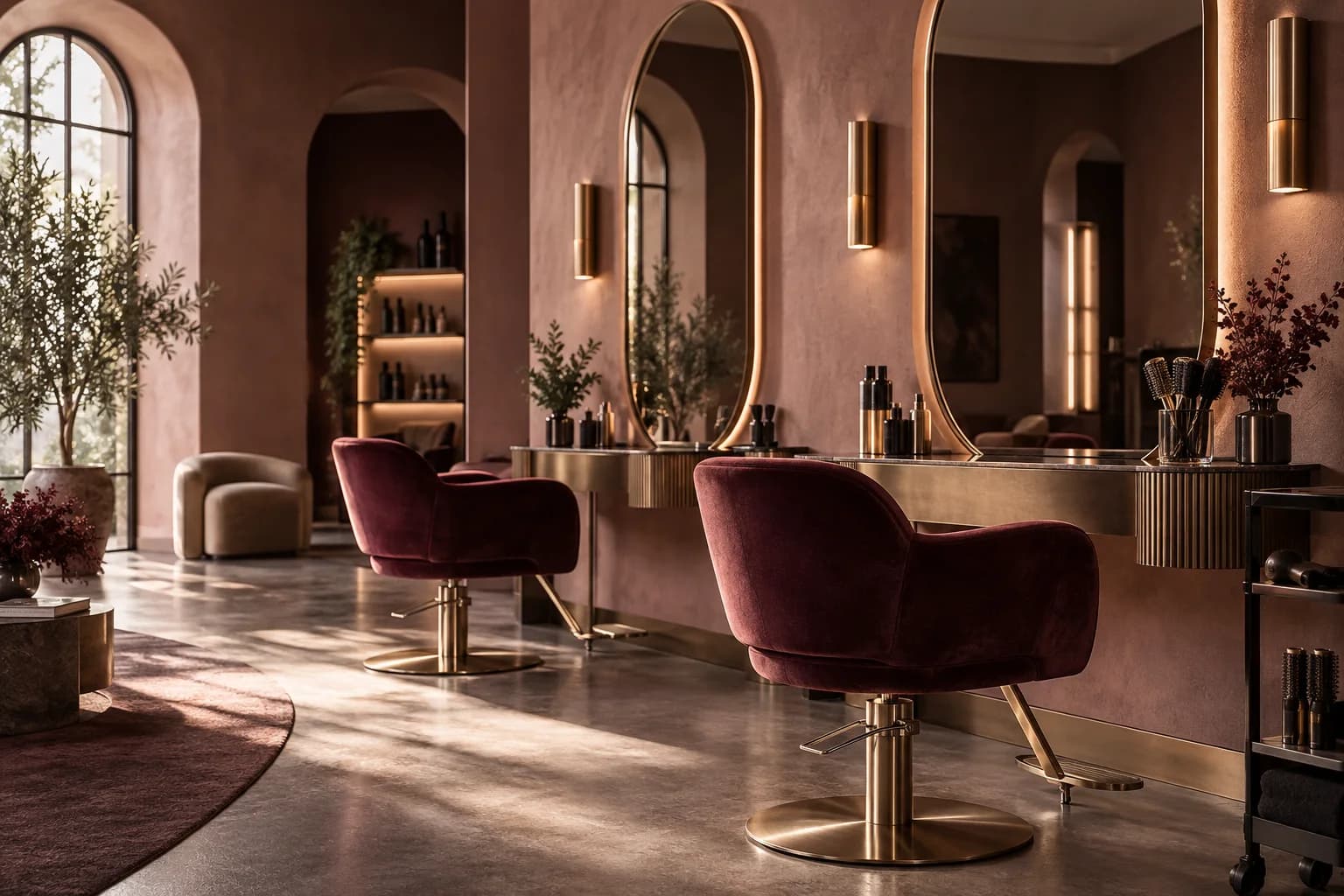 Salon interior with arched mirrors, natural light, and burgundy chairs