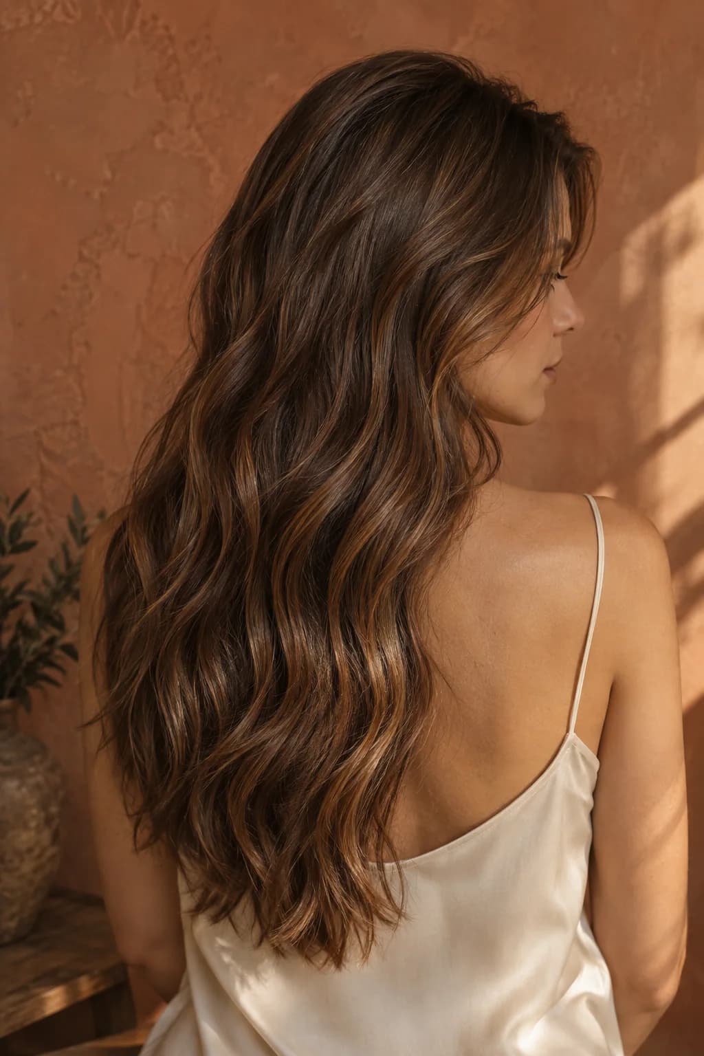 Hair editorial showing soft chestnut waves with caramel color ribbons