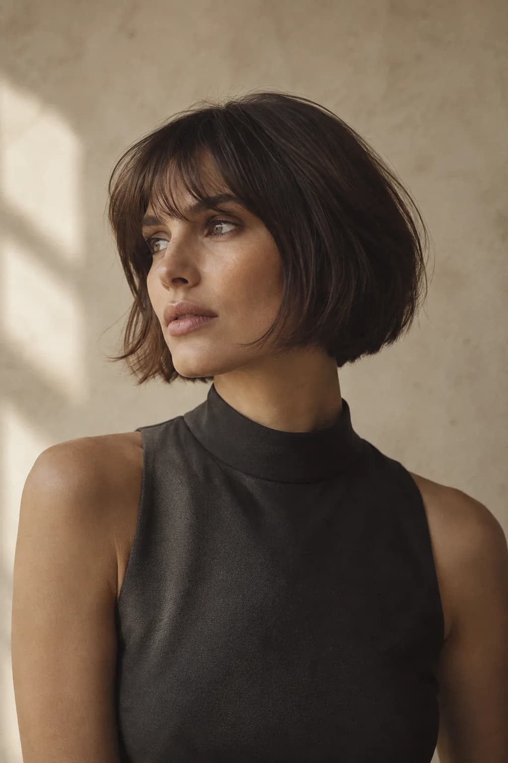 Editorial portrait with a softly sculpted brunette bob