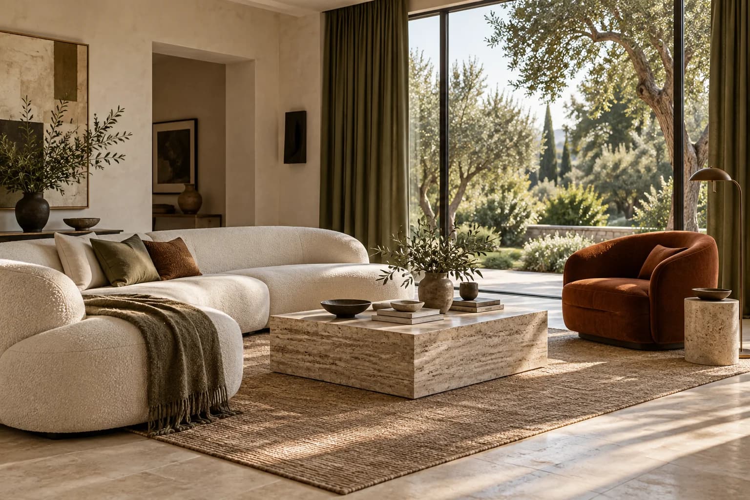 Garden room with a curved ivory sofa, travertine table, rust armchair, and olive curtains.