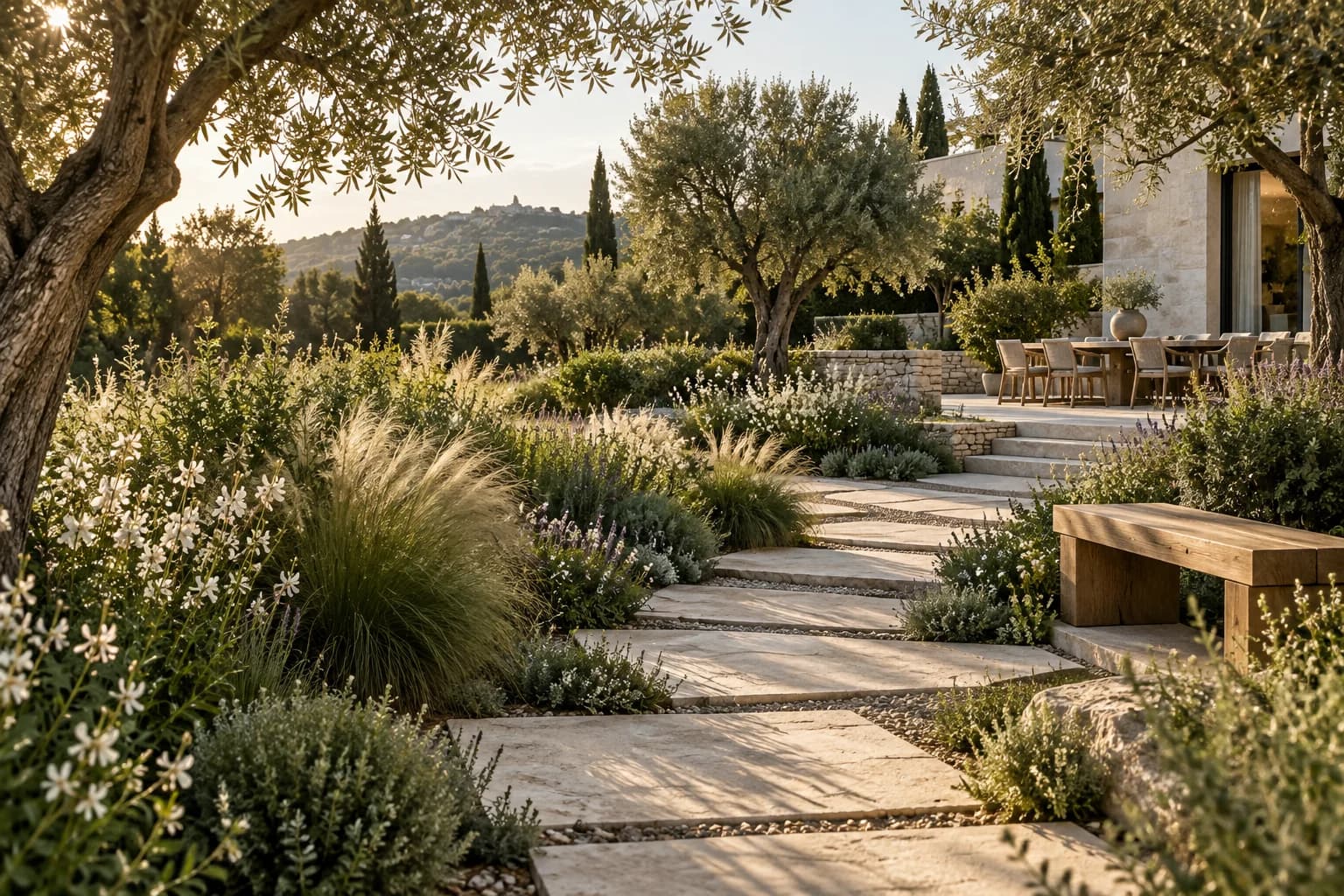 Garden with a limestone path, soft grasses, olive trees, and a sunny patio.