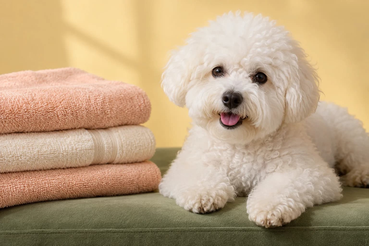 Fluffy white dog with a curious expression beside a stack of peach towels.