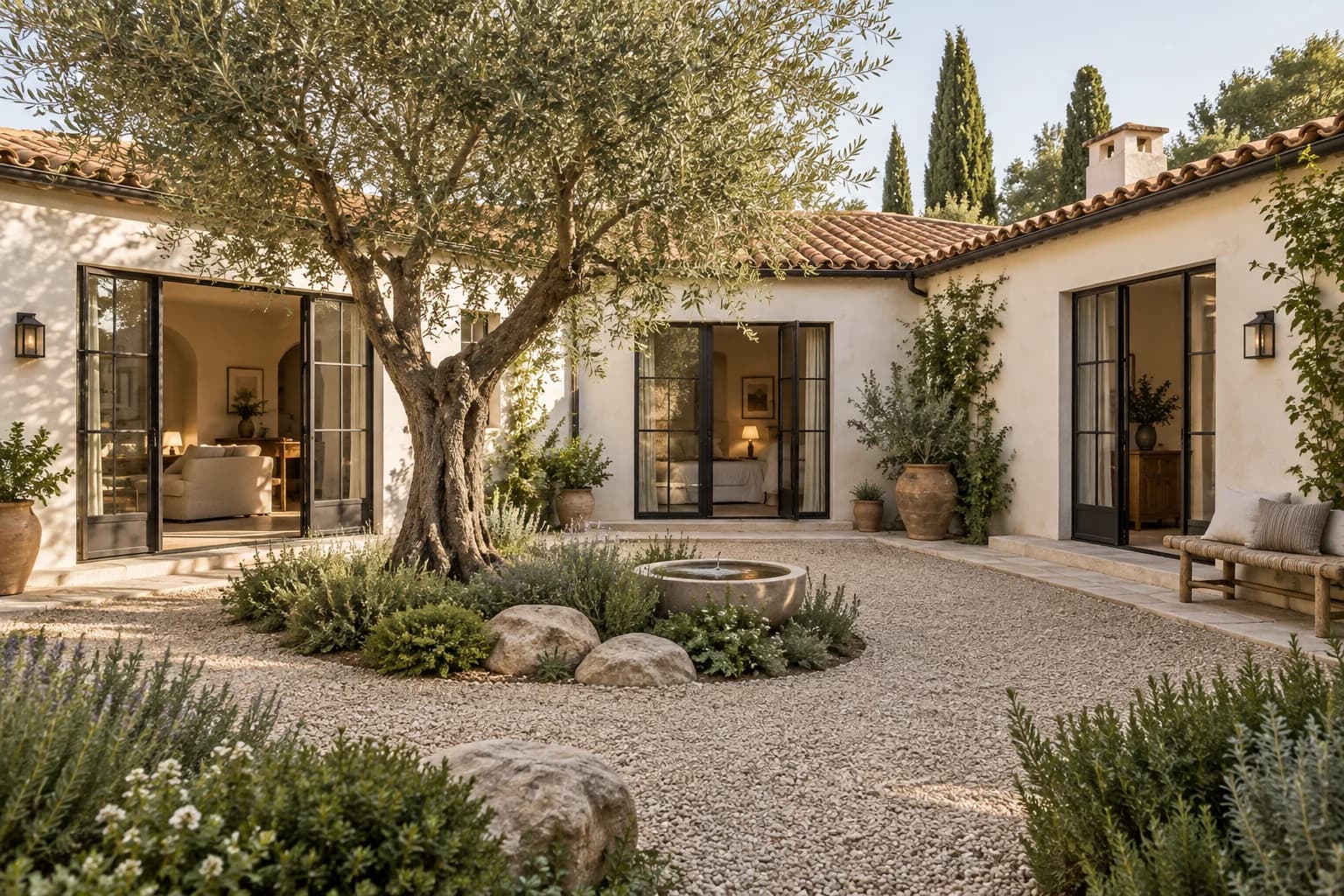 Courtyard with an olive tree and open doors, used as an illustrative residential setting