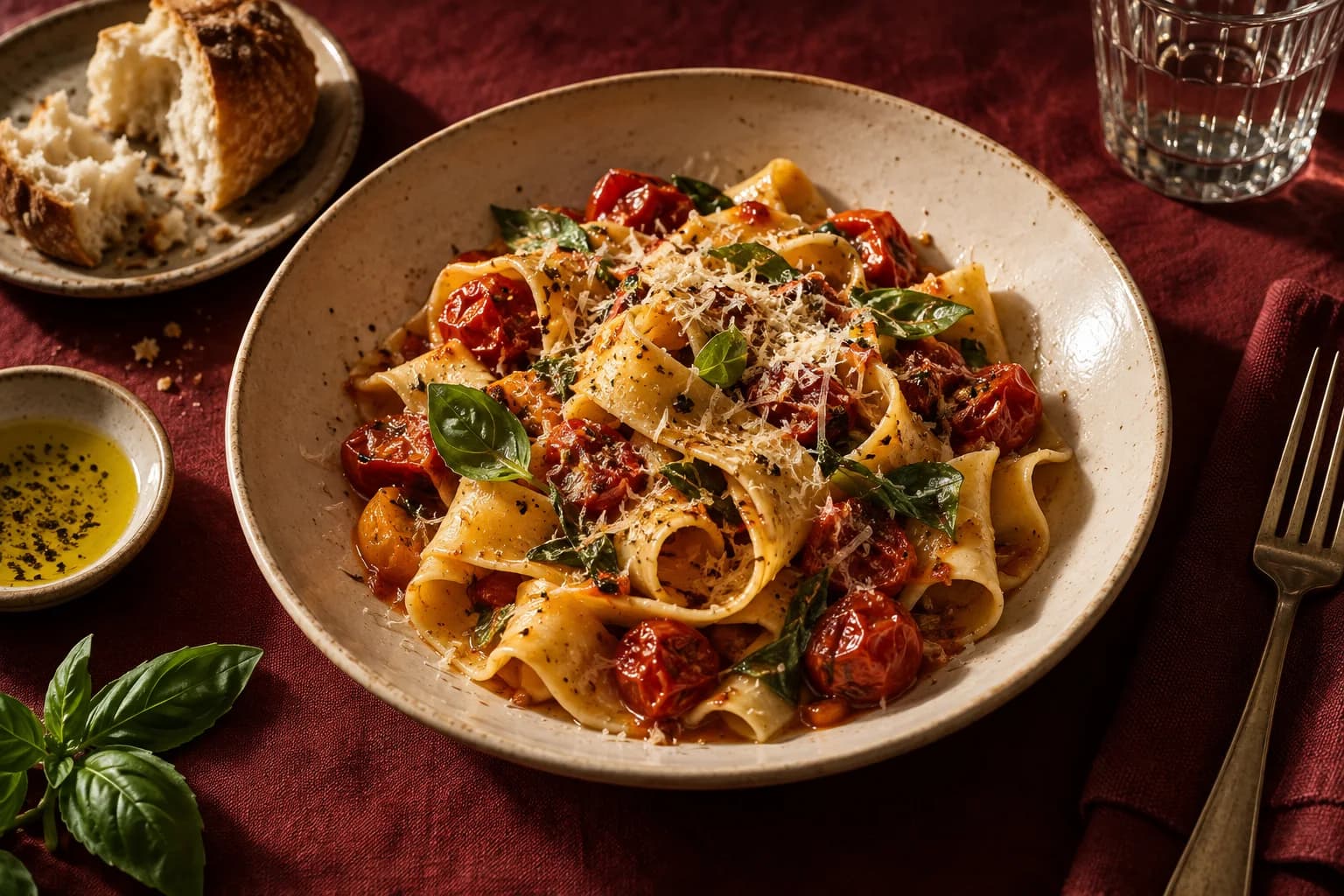 Dish of pappardelle with roasted tomatoes, basil and parmesan on a bistro table