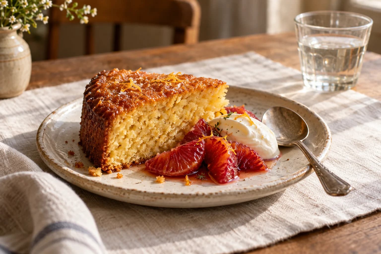 Olive oil cake with blood orange and crème fraîche in afternoon light