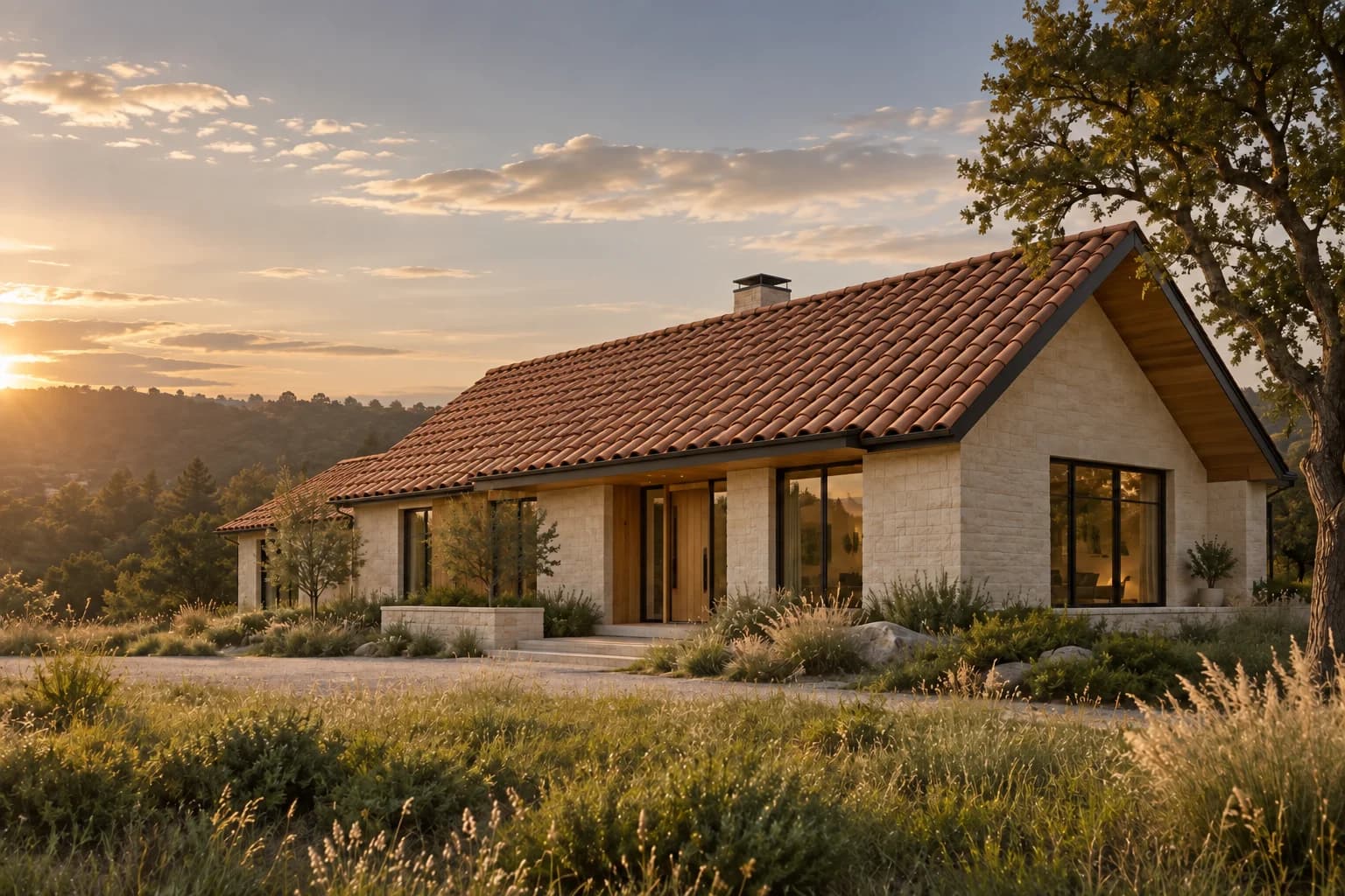 Material variation of the home with a warm terracotta clay tile roof
