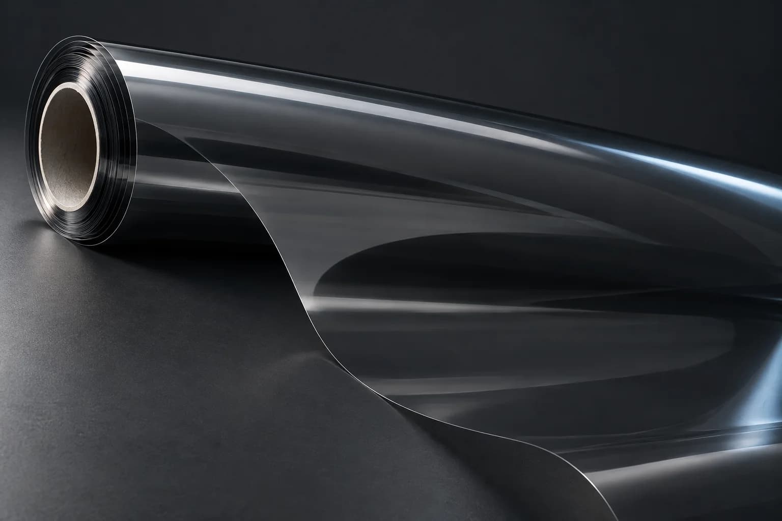 Material study of rolled translucent window film in a charcoal concept finish.