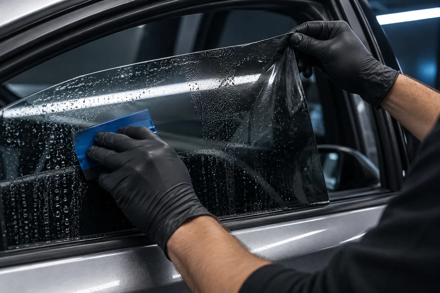 Close-up concept of gloved hands applying window film with a squeegee